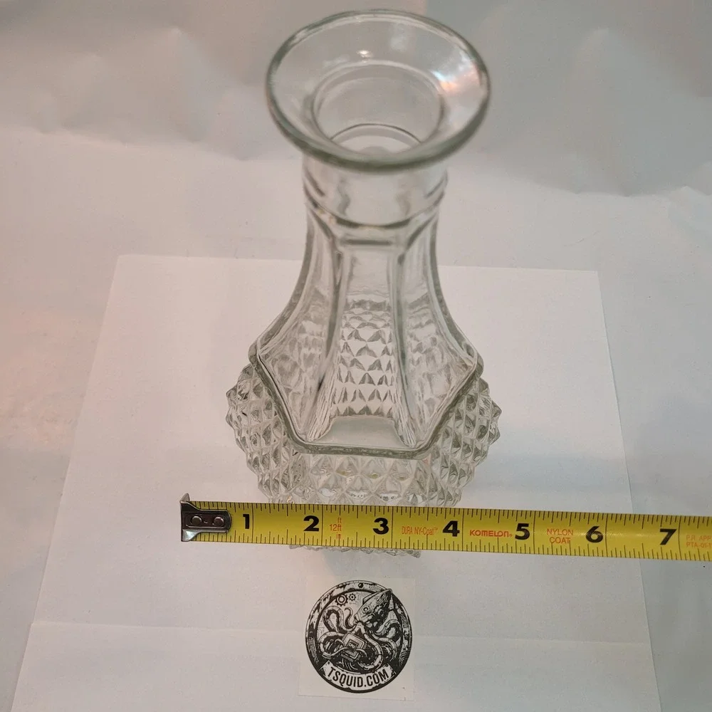 Vintage Glass‎ Decanter Vase Diamond Point Clear Hexagonal Base 9.5 Inch Carafe